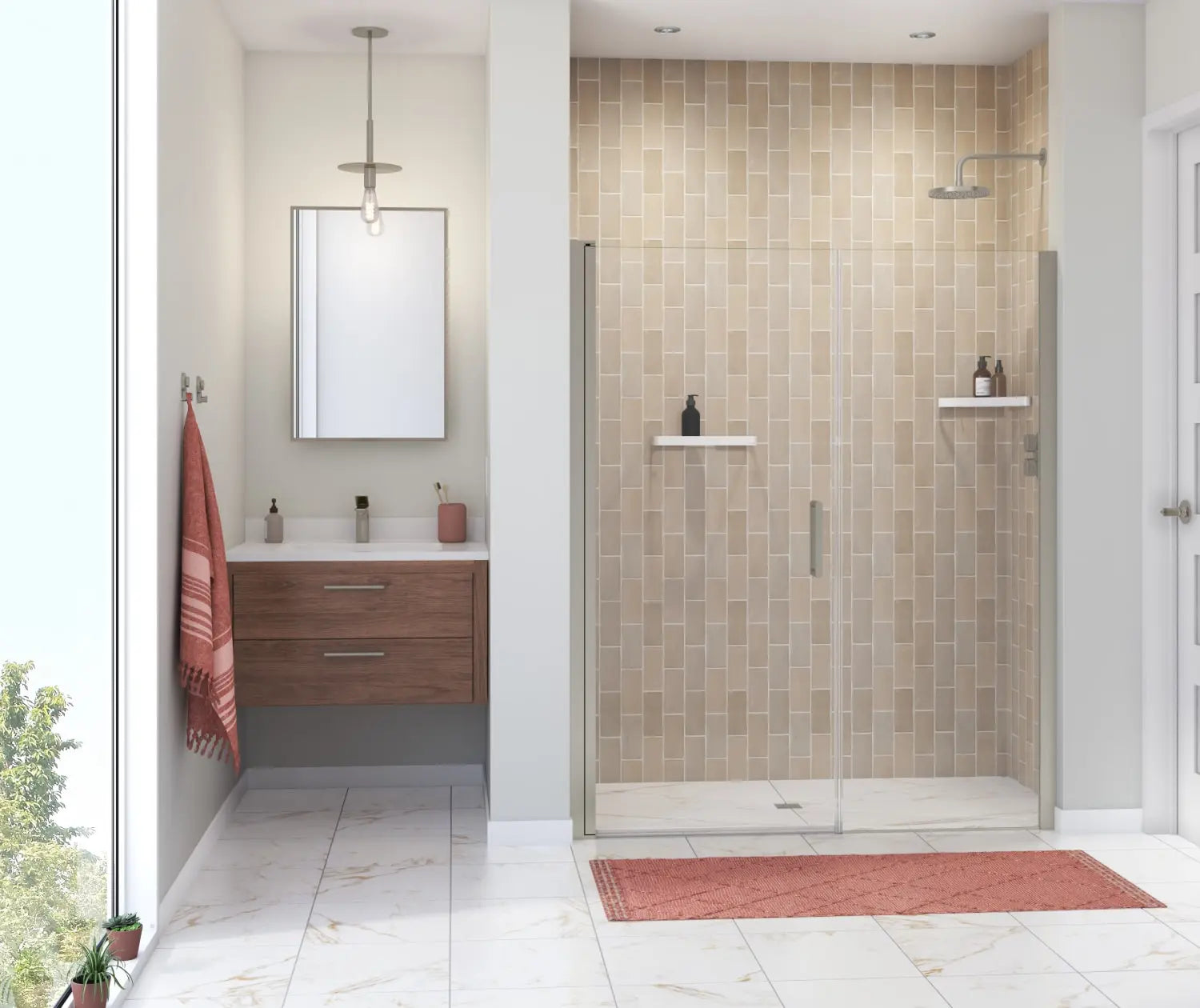 Manhattan 55-57 x 68 in. 6 mm Pivot Shower Door for Alcove Installation with Clear glass & Round Handle in Brushed Nickel - Plumbing Market
