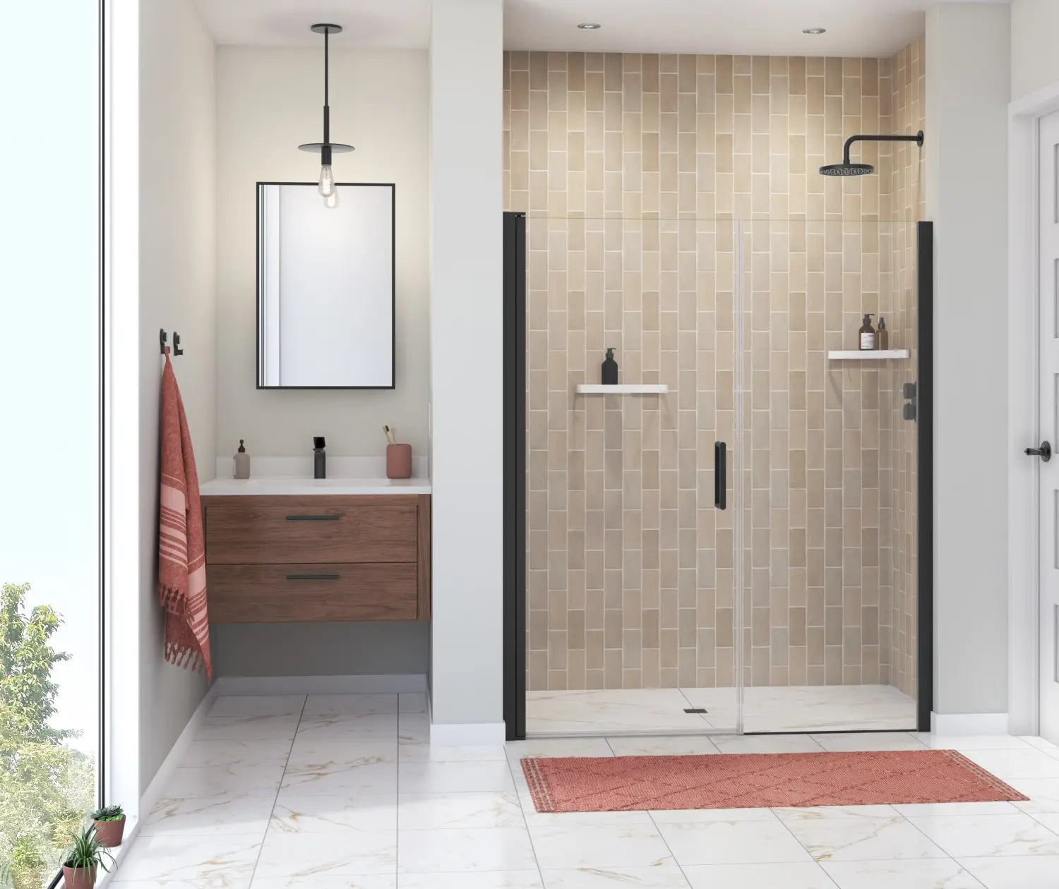 Manhattan 55-57 x 68 in. 6 mm Pivot Shower Door for Alcove Installation with Clear glass & Round Handle in Matte Black - Plumbing Market