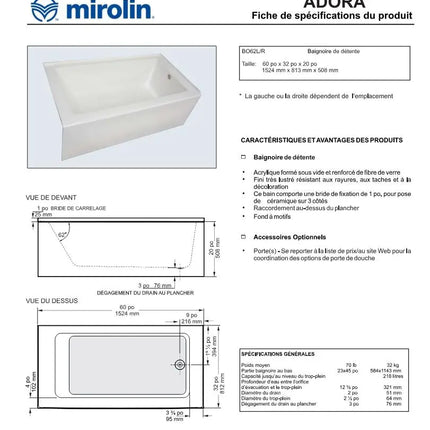Mirolin Adora 60 Inch Acrylic Skirted Bath Tub White AFR - Plumbing Market