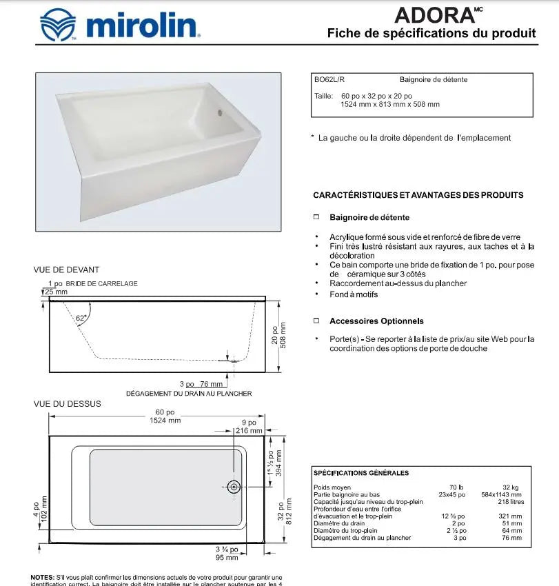 Mirolin Adora 60 Inch Acrylic Skirted Bath Tub White AFR - Plumbing Market