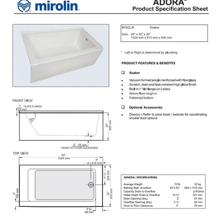 Mirolin Adora 60 Inch Acrylic Skirted Bath Tub White AFR - Plumbing Market