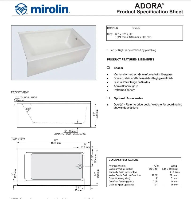 Mirolin Adora 60 Inch Acrylic Skirted Bath Tub White AFR - Plumbing Market