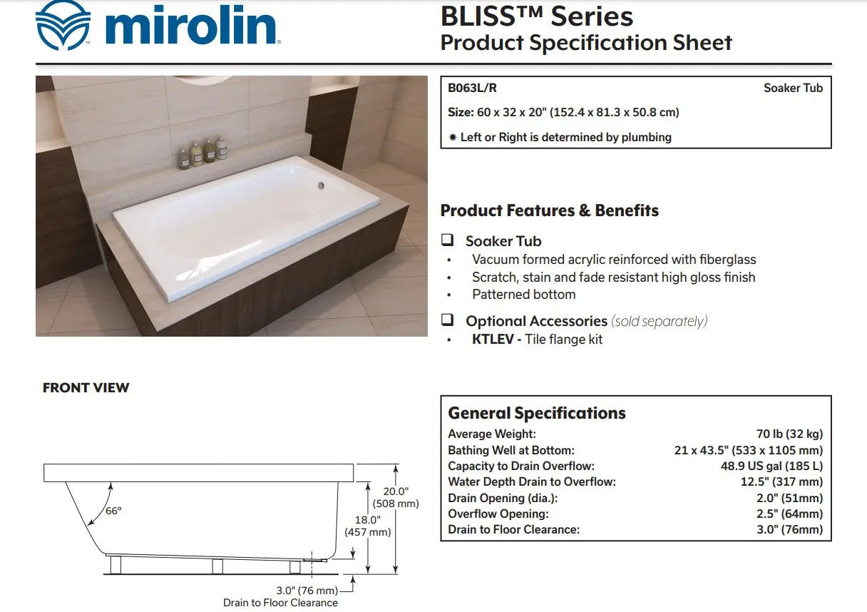 Mirolin Bliss 60 x 32 Drop-in Bathtub - Plumbing Market