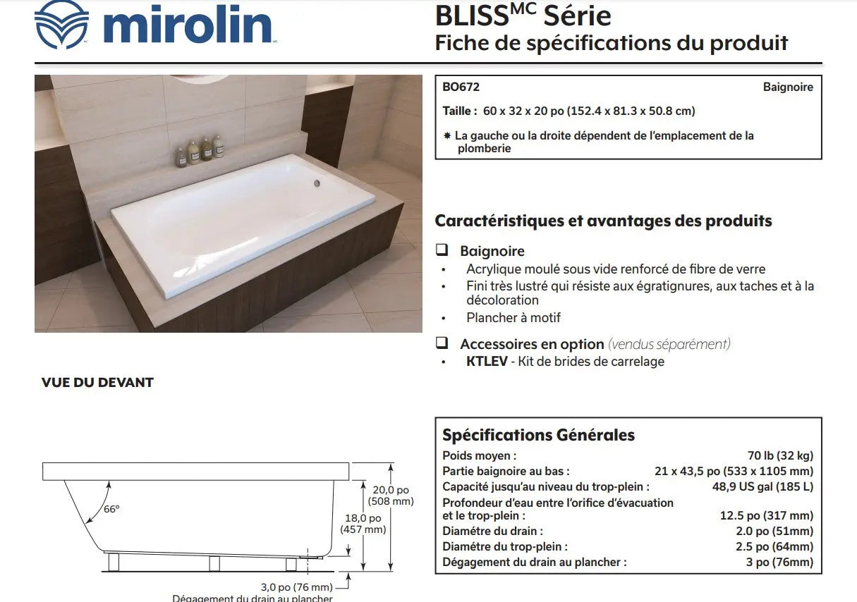 Mirolin Bliss 60 x 32 Drop-in Bathtub - Plumbing Market