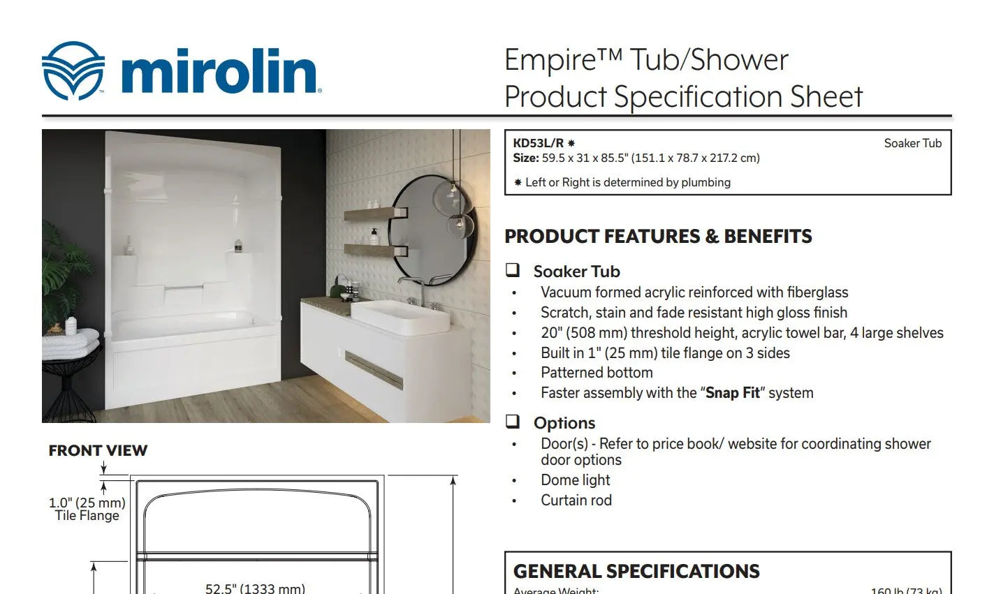 Mirolin Empire Multi Piece Tub Shower Left - Plumbing Market