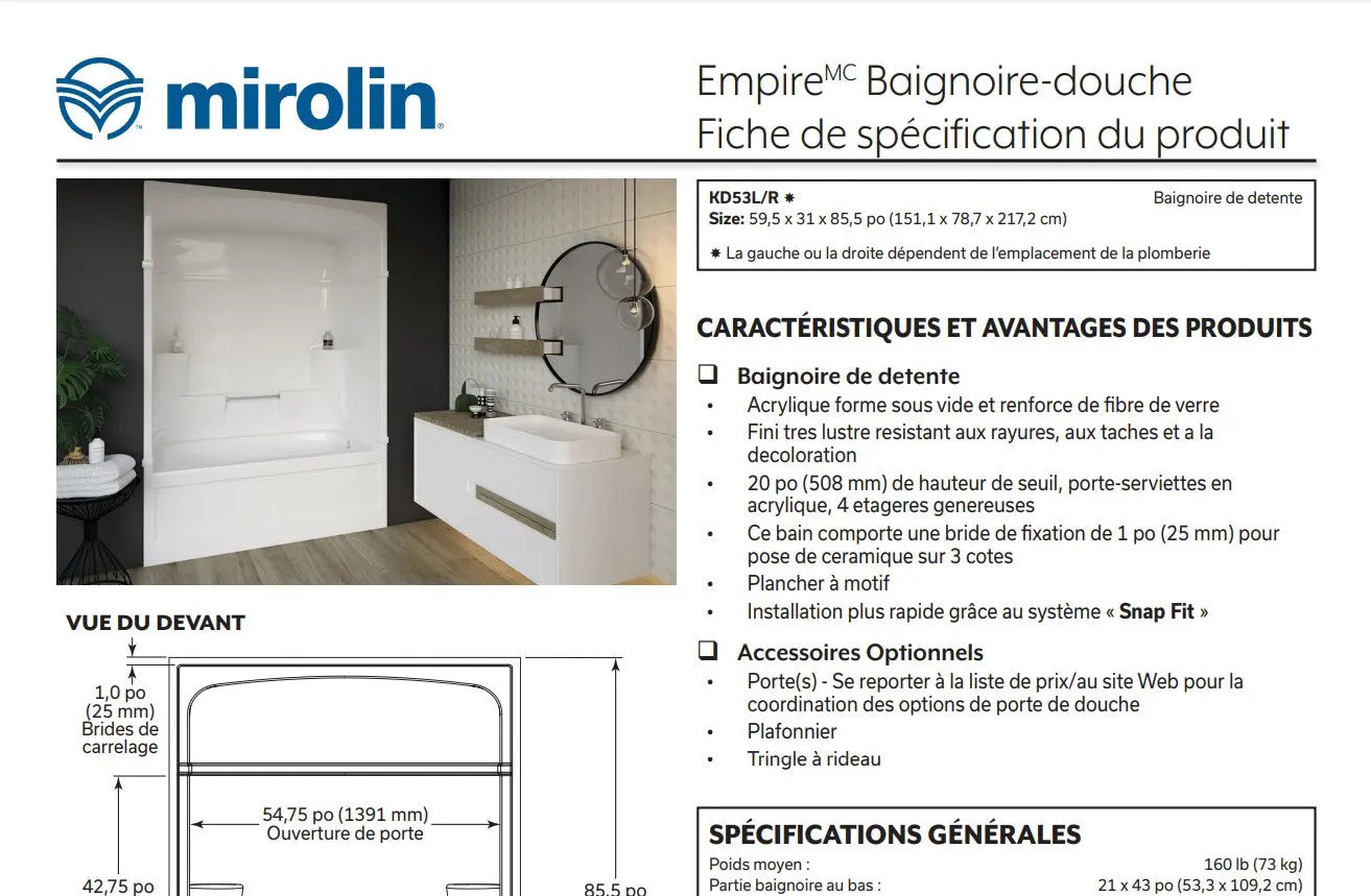 Mirolin Empire Multi Piece Tub Shower Left - Plumbing Market