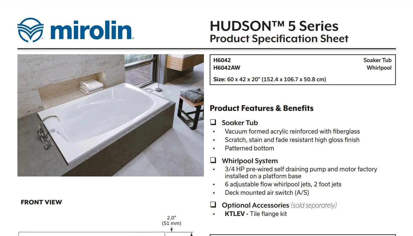 Mirolin Hudson 5 60 x 42 Drop-in Bathtub Mirolin
