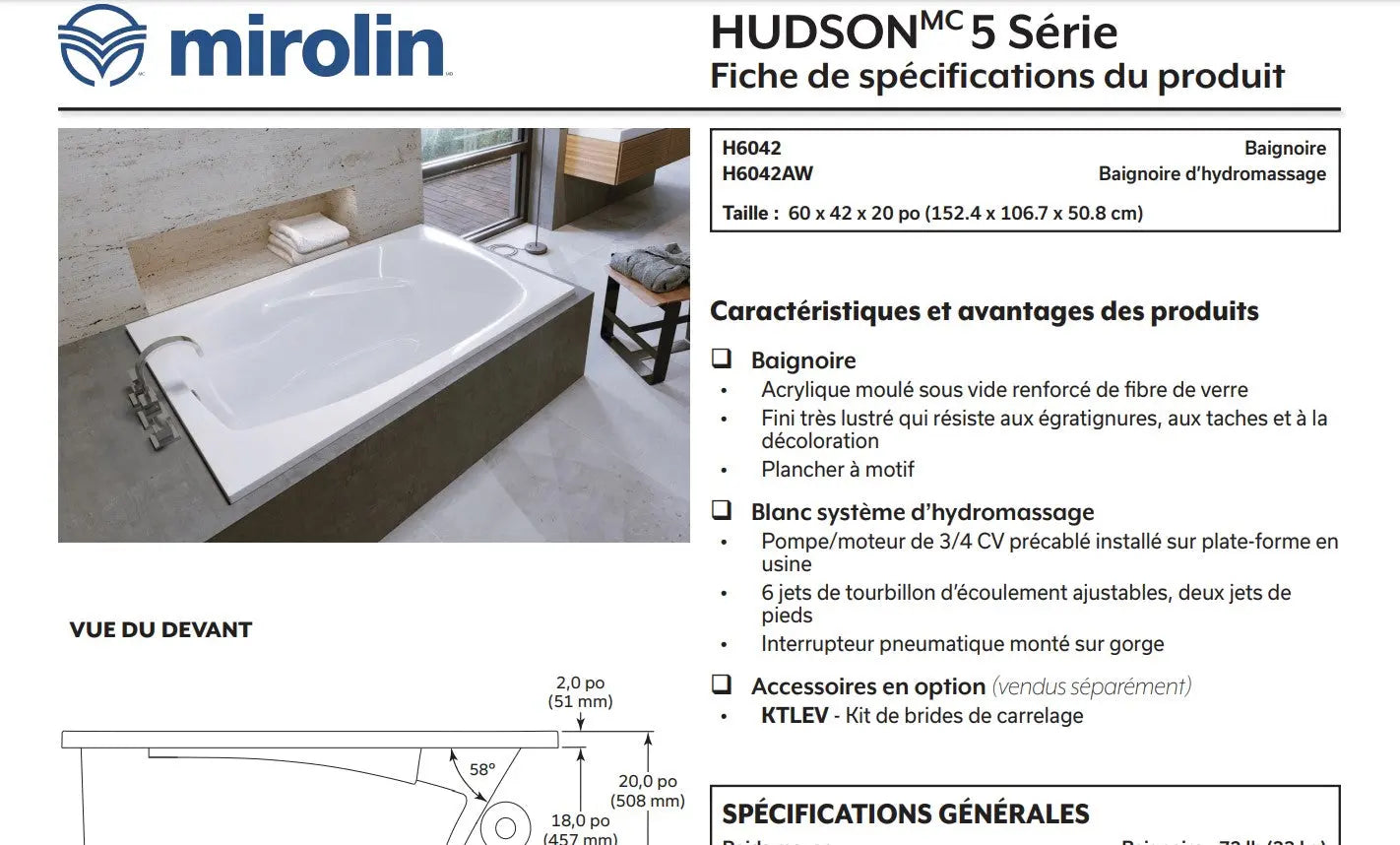 Mirolin Hudson 5 60 x 42 Drop-in Bathtub Mirolin