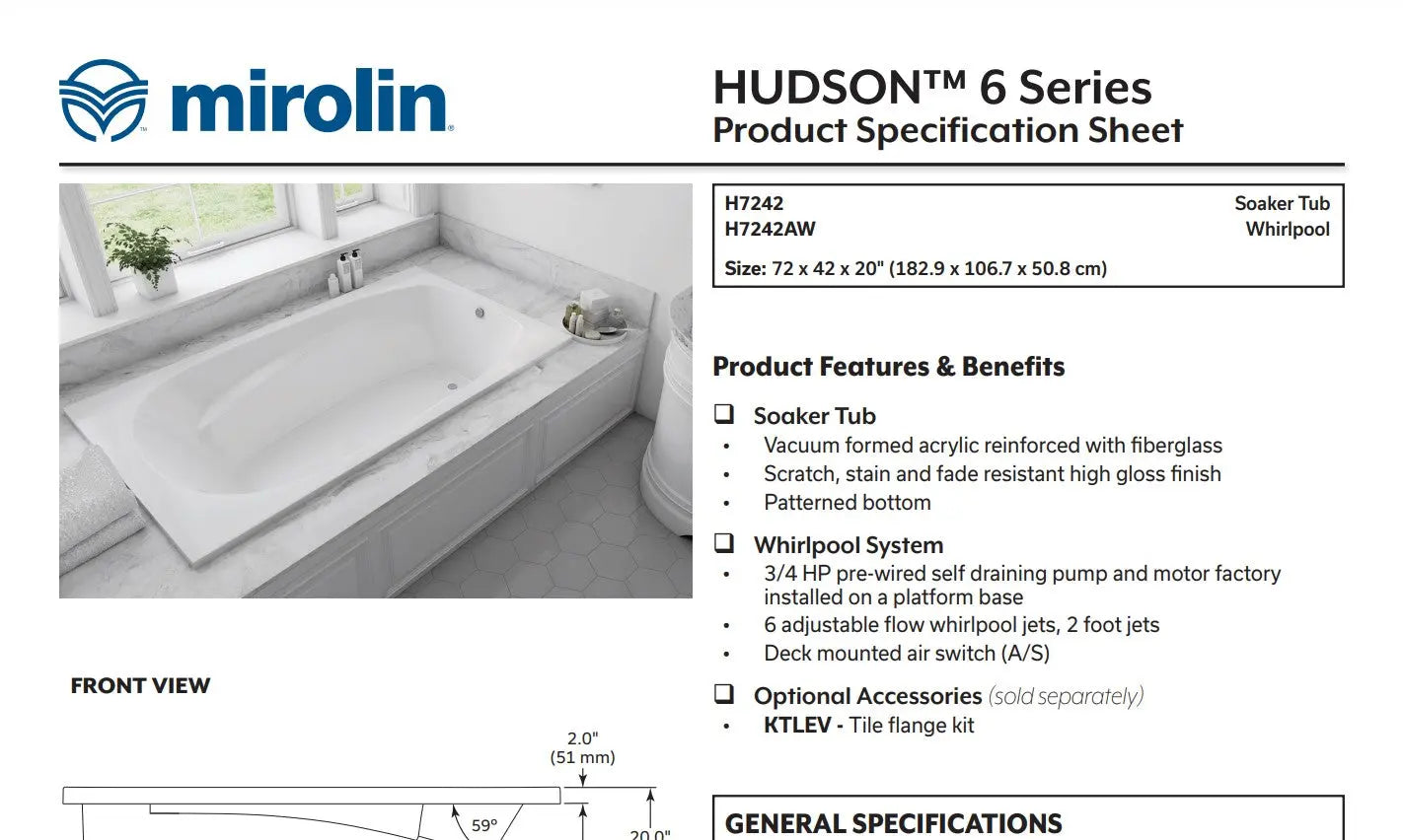 Mirolin Hudson 6 72 x 42 Drop-in Bathtub - Plumbing Market