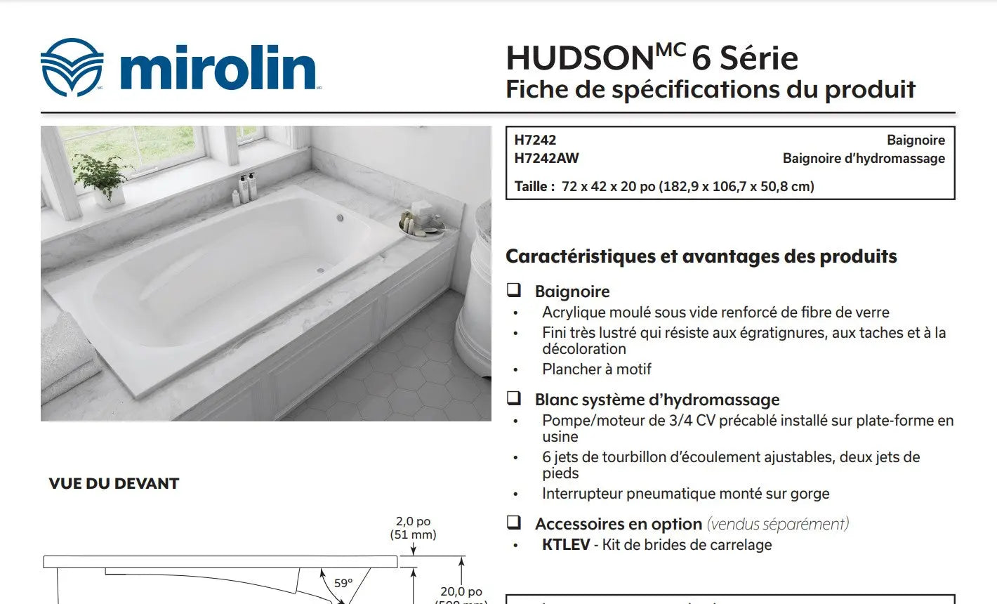 Mirolin Hudson 6 72 x 42 Drop-in Bathtub - Plumbing Market