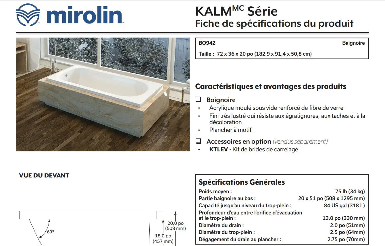 Mirolin Kalm 72 x 36 Drop-in Bathtub - Plumbing Market