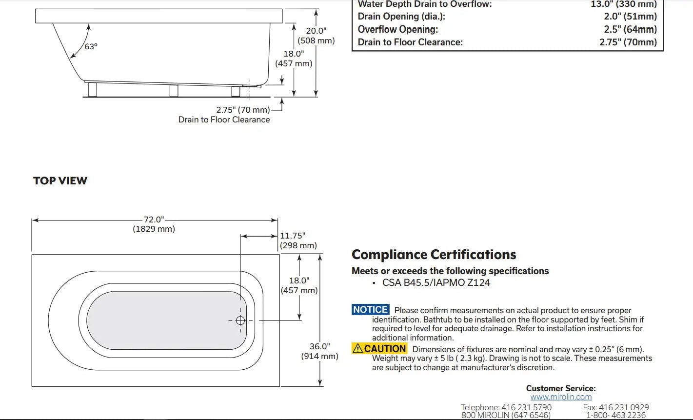 Mirolin Kalm 72 x 36 Drop-in Bathtub - Plumbing Market