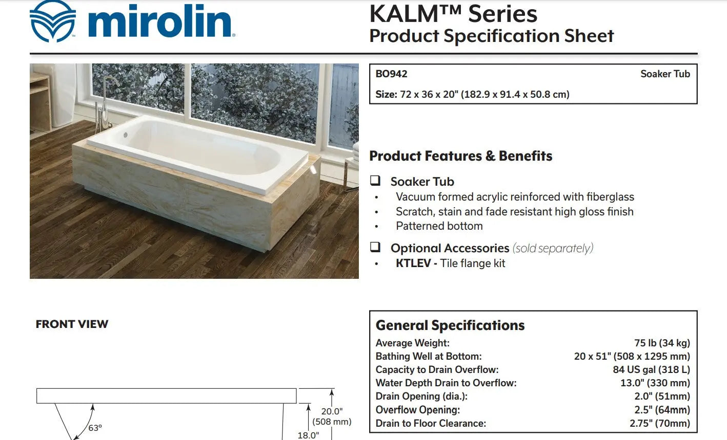 Mirolin Kalm 72 x 36 Drop-in Bathtub - Plumbing Market