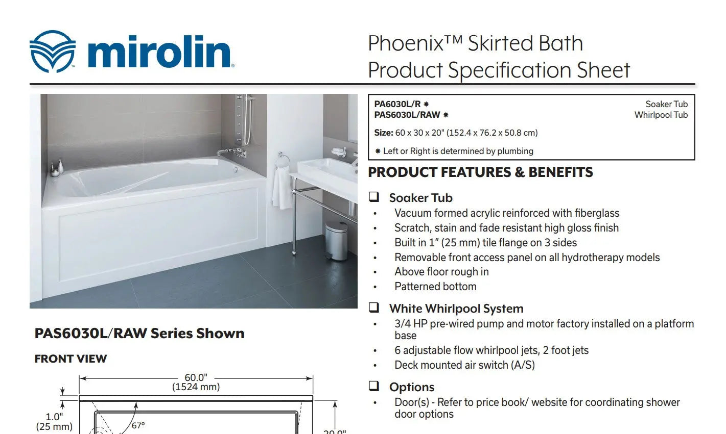 Mirolin Phoenix 60 x 30 Skirted Alcove Bathtub - Plumbing Market