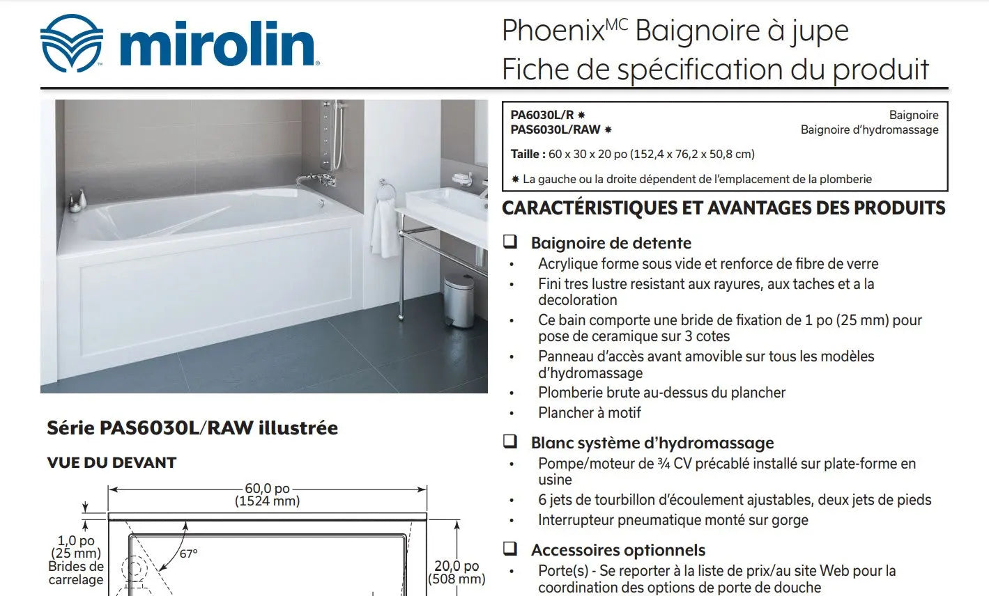 Mirolin Phoenix 60 x 30 Skirted Alcove Bathtub - Plumbing Market