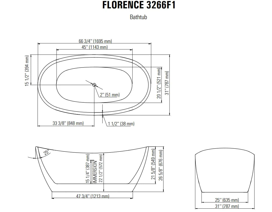 Neptune Florence F1 3266 AFR Acrylic Freestanding Center Drain Bathtub White - Plumbing Market