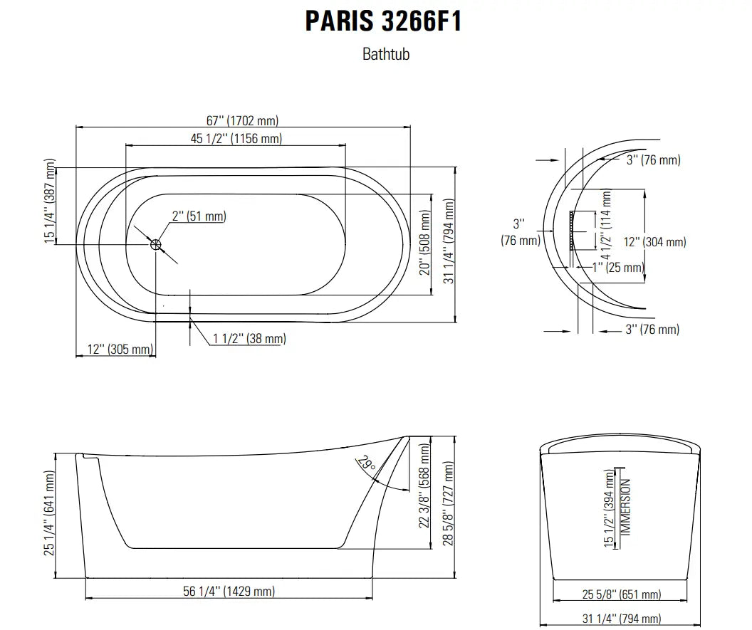 Neptune Paris F1 3266 AFR Acrylic Freestanding End Drain Bathtub in White - Plumbing Market