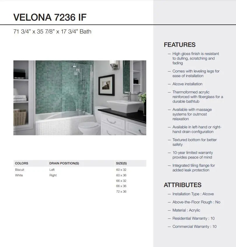 Neptune Velona 7236 IF Acrylic Alcove Right Drain Bathtub in White - Plumbing Market