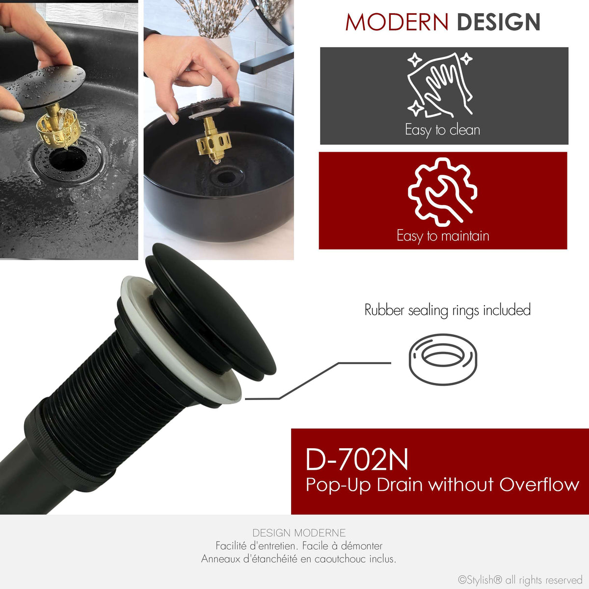 Stylish Pop-Up Bathroom Sink Drains Set Without Overflow Matte Black D-702N2