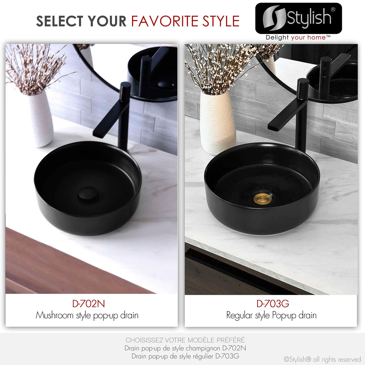 Stylish Pop-Up Bathroom Sink Drains Set Without Overflow Matte Black D-702N2