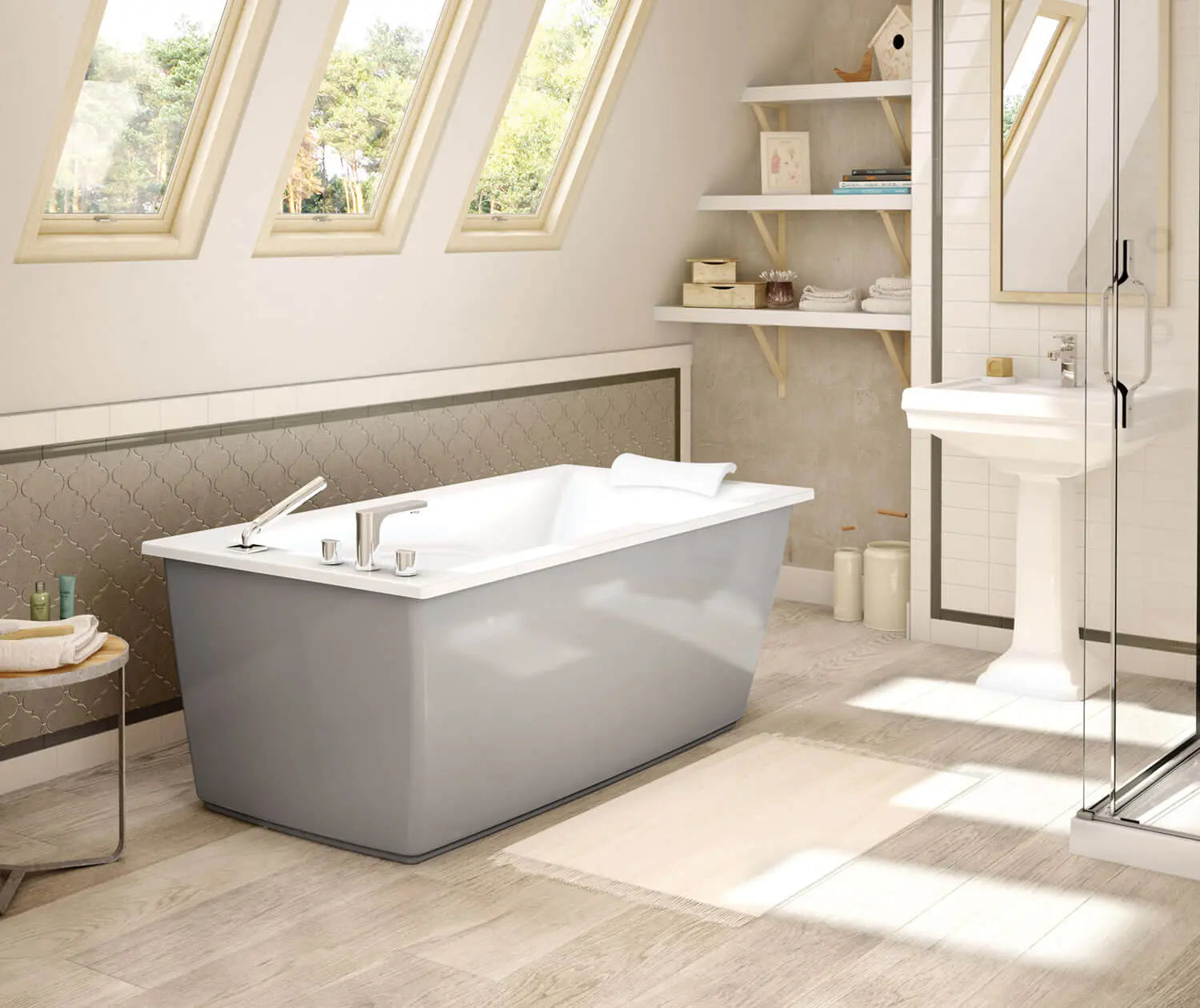 Optik 6032 F Acrylic Freestanding End Drain Bathtub in White with Sterling Silver Skirt - Plumbing Market