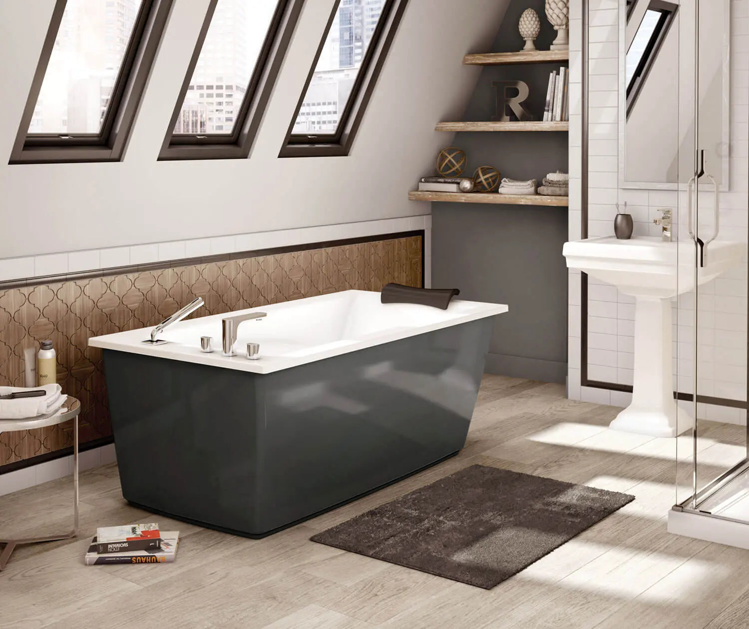 Optik 6032 F Acrylic Freestanding End Drain Bathtub in White with Thunder Grey Skirt - Plumbing Market