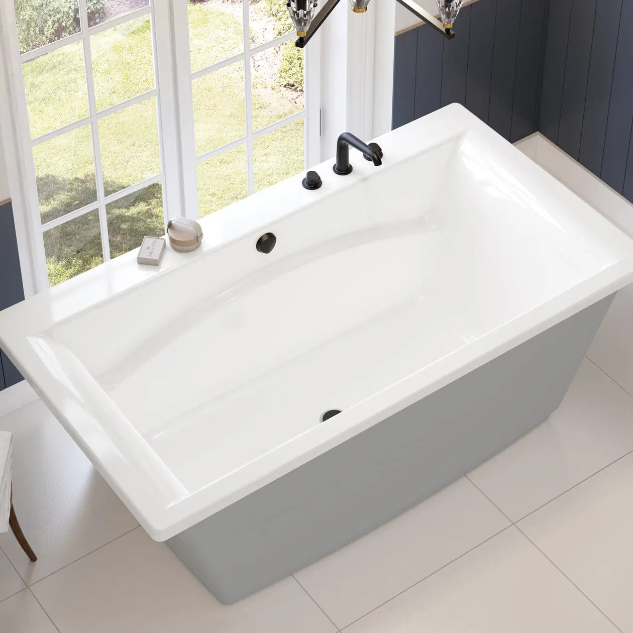 Optik 6636 F Acrylic Freestanding Center Drain Bathtub in White with Sterling Silver Skirt - Plumbing Market