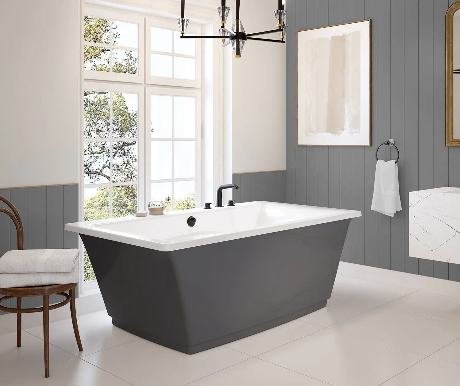 Optik 6636 F Acrylic Freestanding Center Drain Bathtub in White with Thunder Grey Skirt - Plumbing Market
