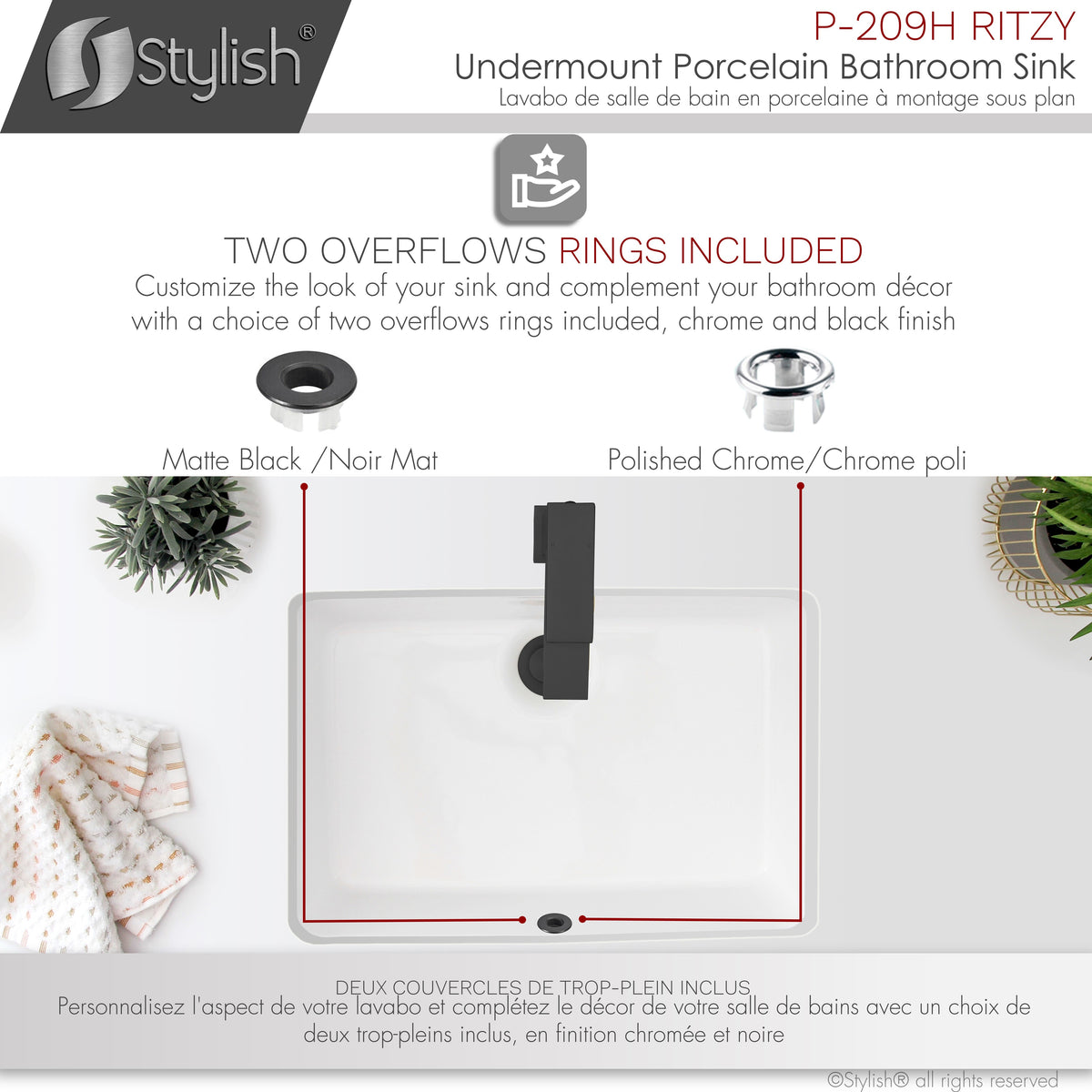 Stylish 20" Rectangular Undermount Ceramic Bathroom Sink with 2 Overflow Finishes P-209H