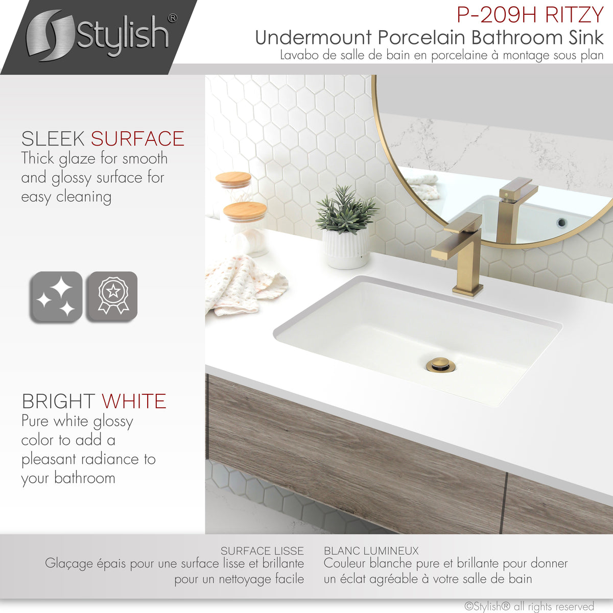 Stylish 20" Rectangular Undermount Ceramic Bathroom Sink with 2 Overflow Finishes P-209H