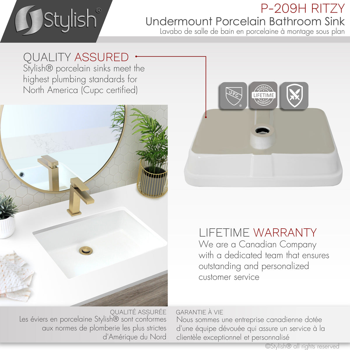Stylish 20" Rectangular Undermount Ceramic Bathroom Sink with 2 Overflow Finishes P-209H