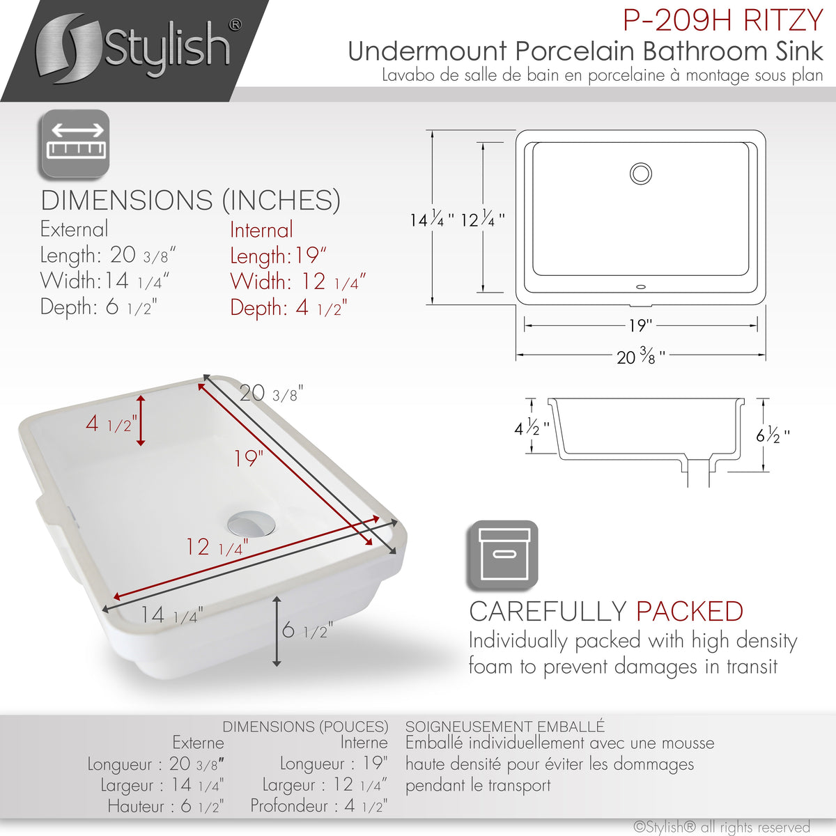 Stylish 20" Rectangular Undermount Ceramic Bathroom Sink with 2 Overflow Finishes P-209H