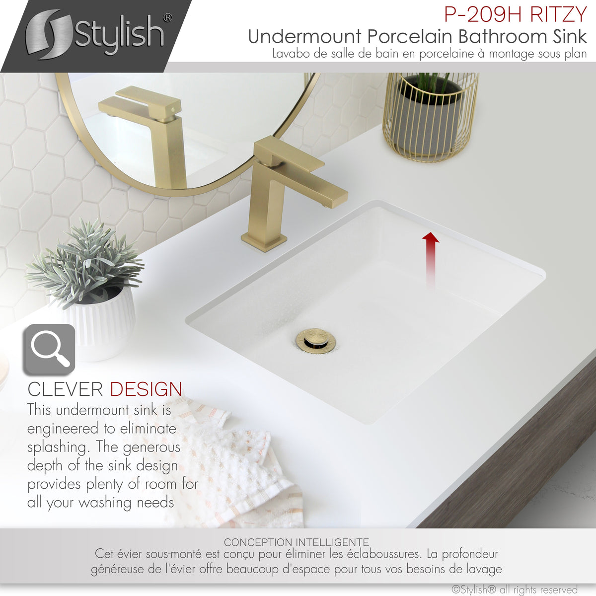 Stylish 20" Rectangular Undermount Ceramic Bathroom Sink with 2 Overflow Finishes P-209H