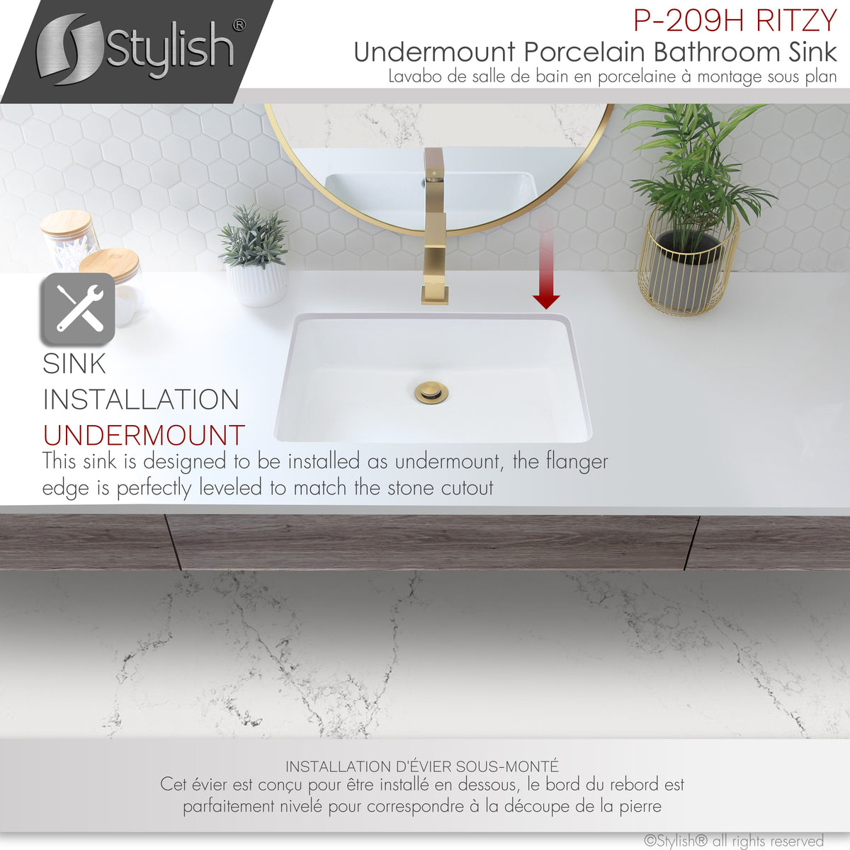 Stylish 20" Rectangular Undermount Ceramic Bathroom Sink with 2 Overflow Finishes P-209H