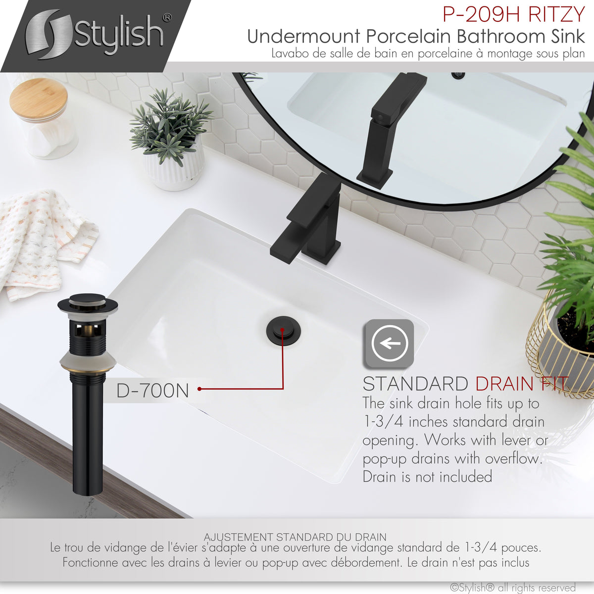 Stylish 20" Rectangular Undermount Ceramic Bathroom Sink with 2 Overflow Finishes P-209H