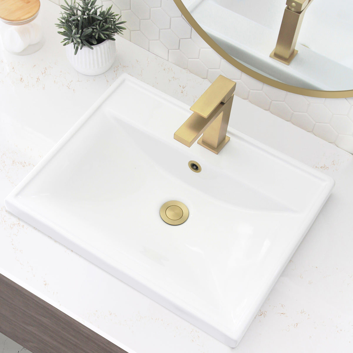 Stylish 20" Rectangular Top-mount Ceramic Bathroom Sink with 2 Overflow Finishes P-210H