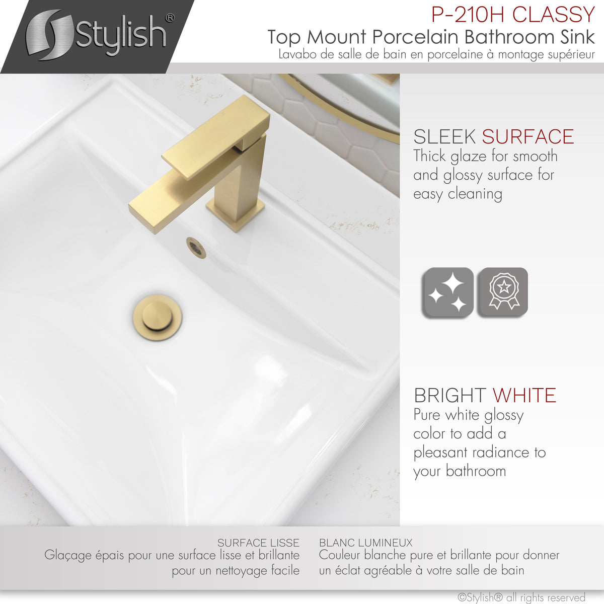 Stylish 20" Rectangular Top-mount Ceramic Bathroom Sink with 2 Overflow Finishes P-210H
