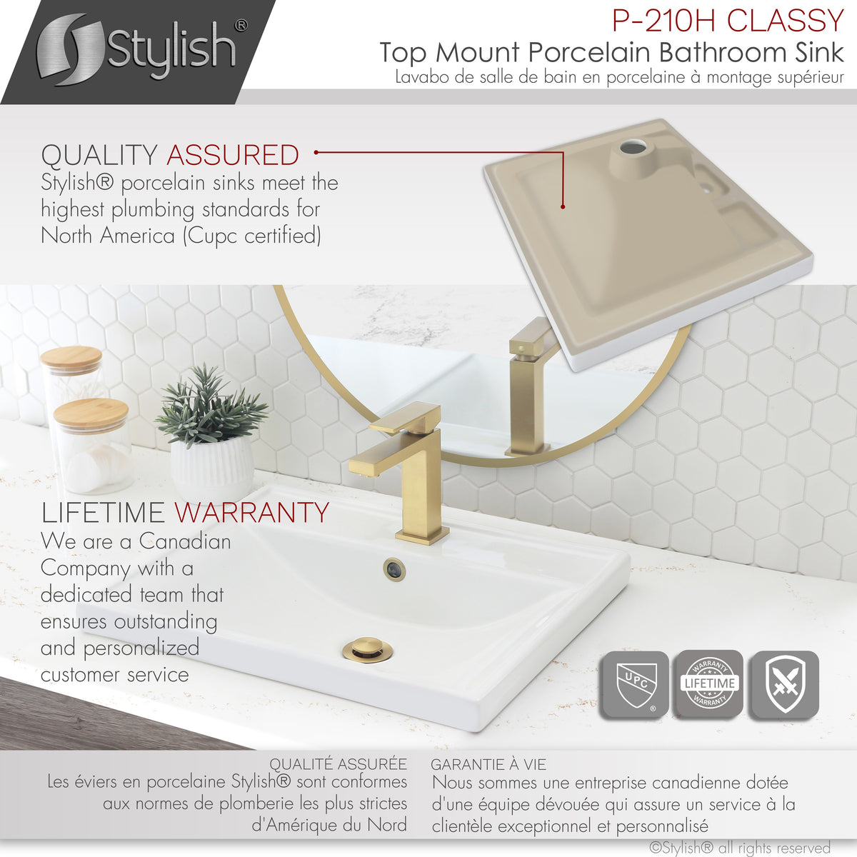 Stylish 20" Rectangular Top-mount Ceramic Bathroom Sink with 2 Overflow Finishes P-210H
