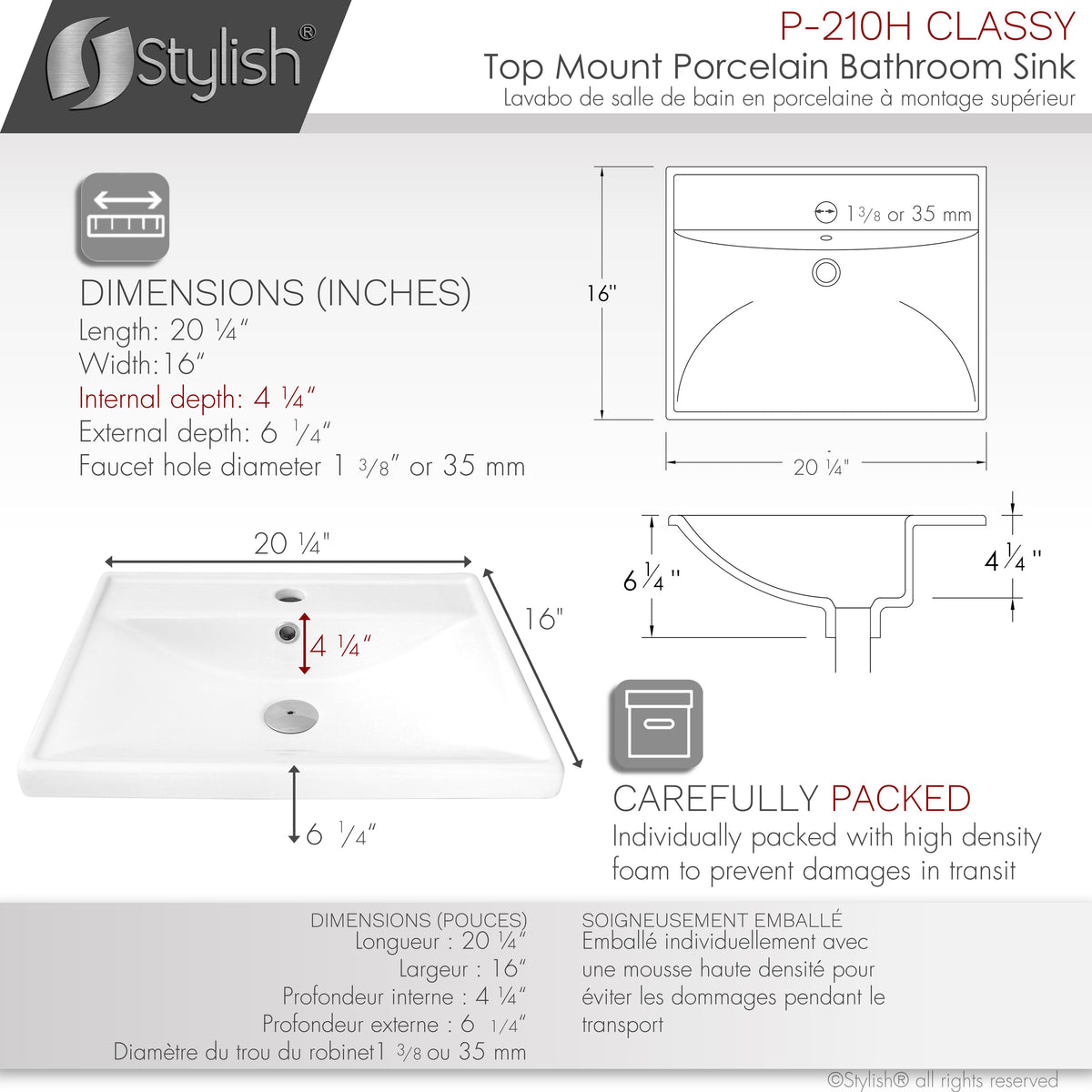 Stylish 20" Rectangular Top-mount Ceramic Bathroom Sink with 2 Overflow Finishes P-210H
