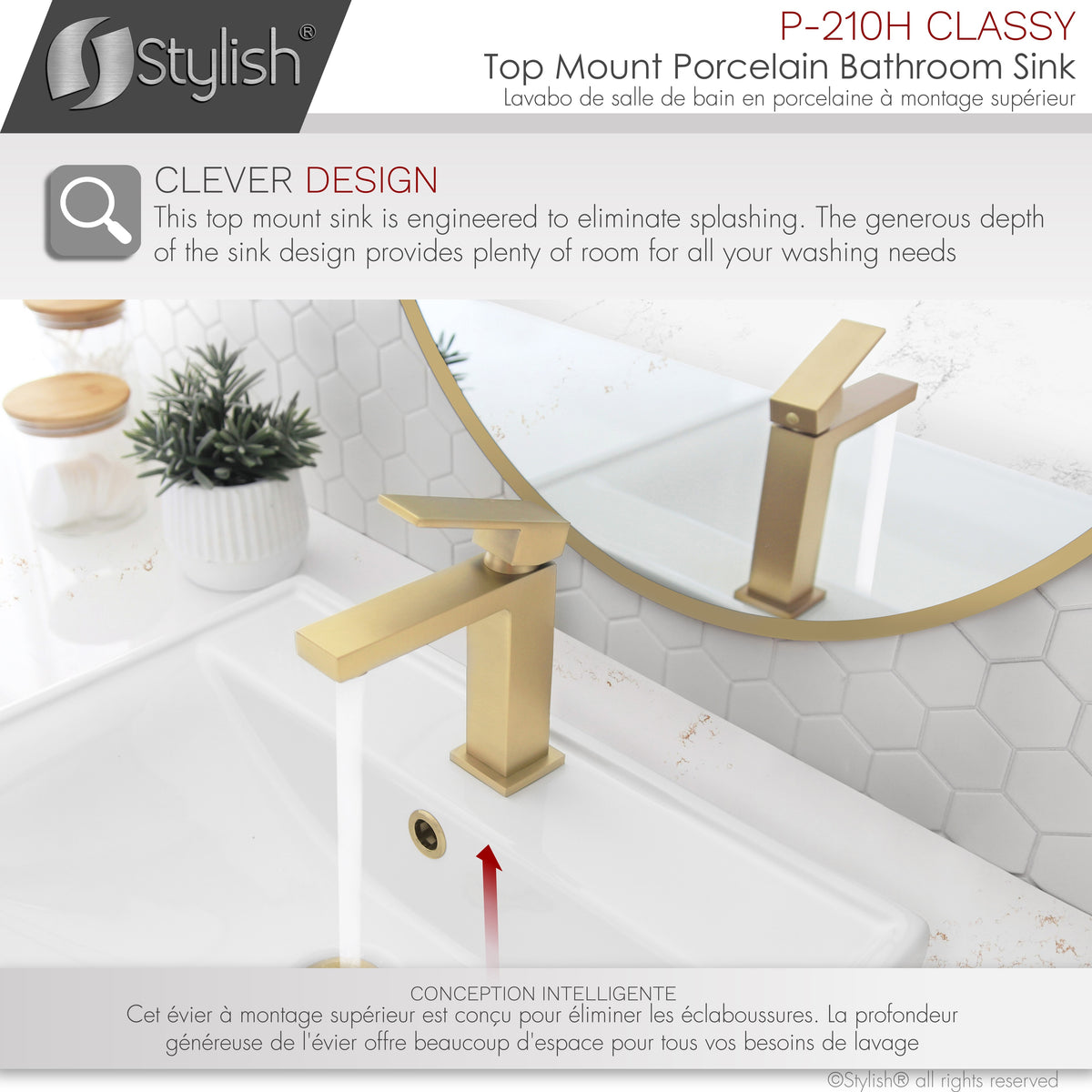 Stylish 20" Rectangular Top-mount Ceramic Bathroom Sink with 2 Overflow Finishes P-210H