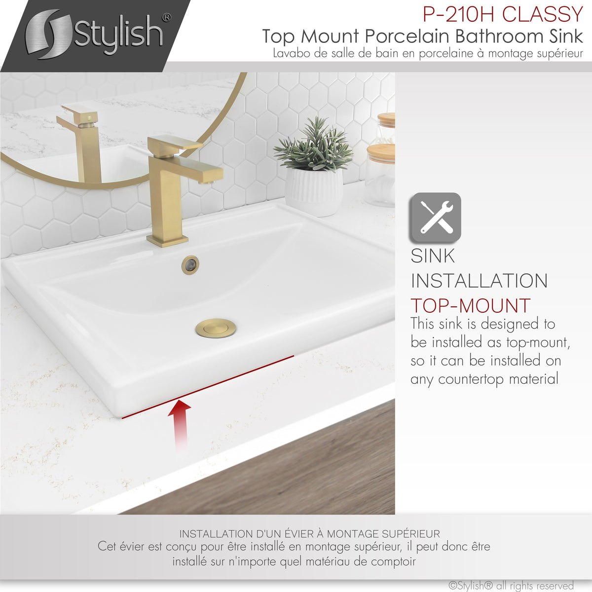 Stylish 20" Rectangular Top-mount Ceramic Bathroom Sink with 2 Overflow Finishes P-210H