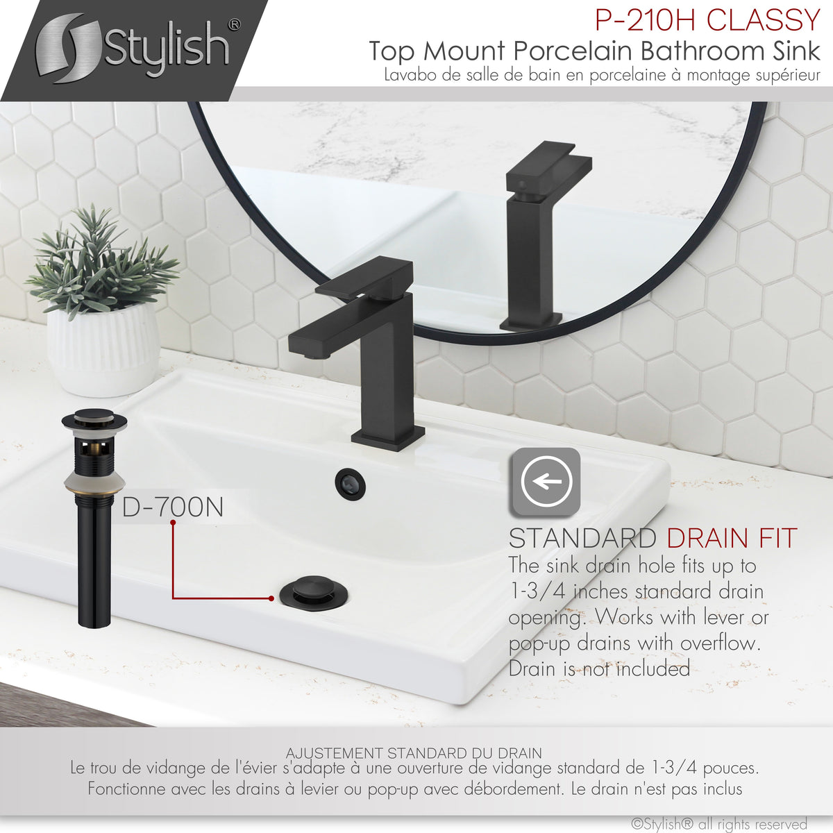 Stylish 20" Rectangular Top-mount Ceramic Bathroom Sink with 2 Overflow Finishes P-210H