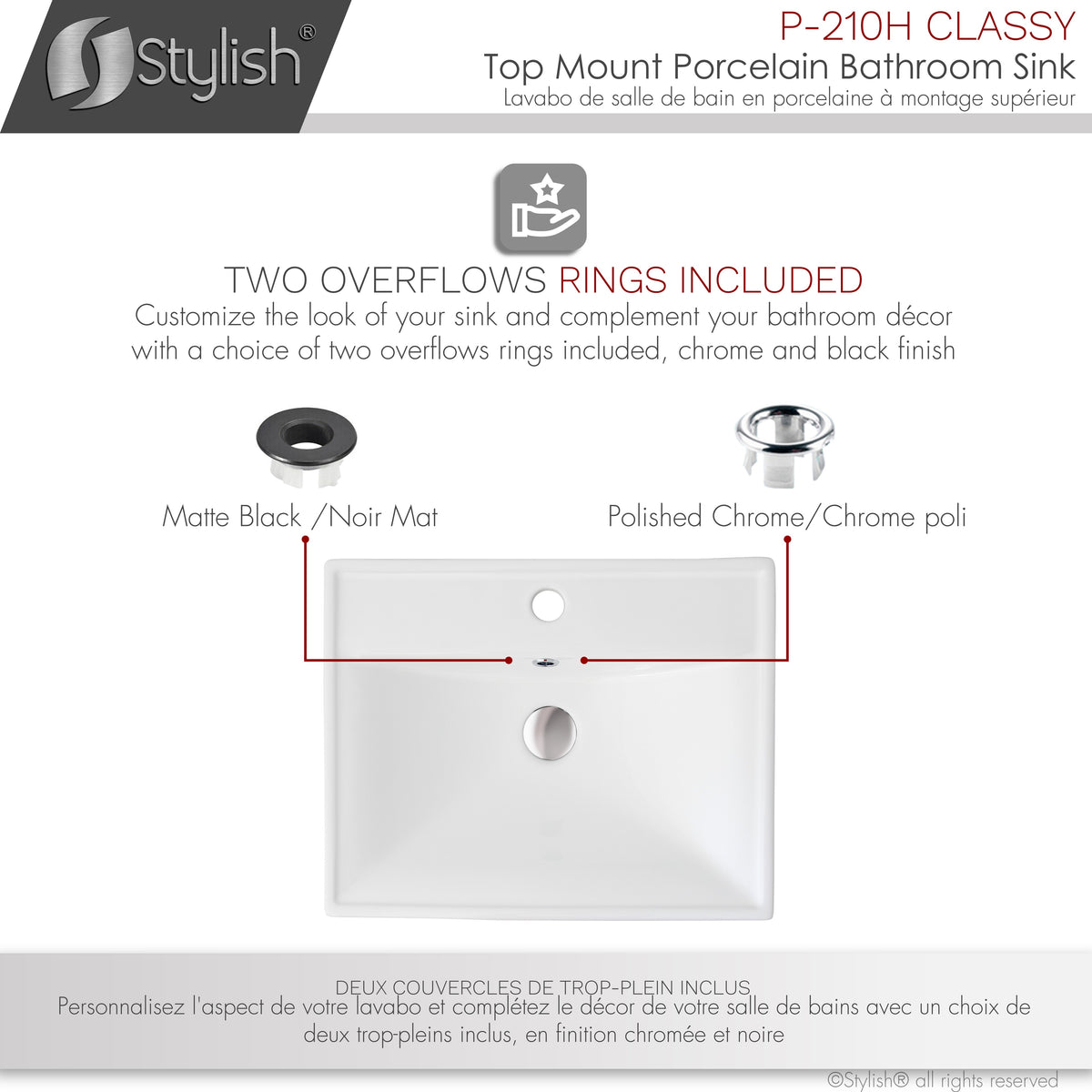 Stylish 20" Rectangular Top-mount Ceramic Bathroom Sink with 2 Overflow Finishes P-210H