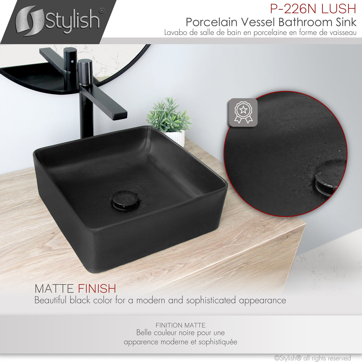 Stylish 14" Black Square Ceramic Vessel Bathroom Sink P-226N