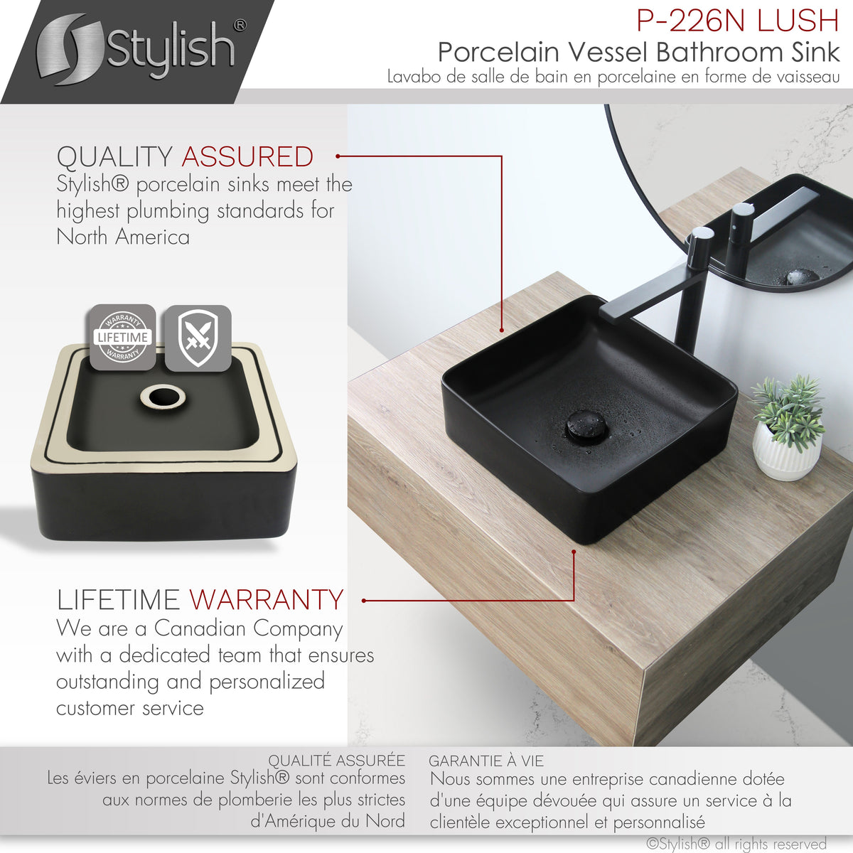 Stylish 14" Black Square Ceramic Vessel Bathroom Sink P-226N