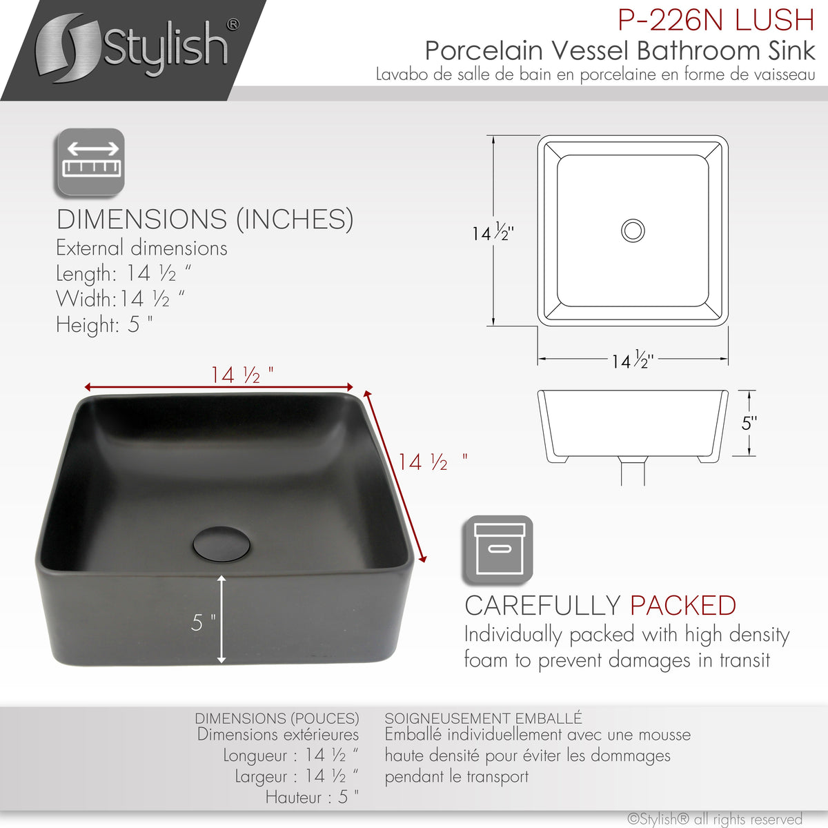 Stylish 14" Black Square Ceramic Vessel Bathroom Sink P-226N