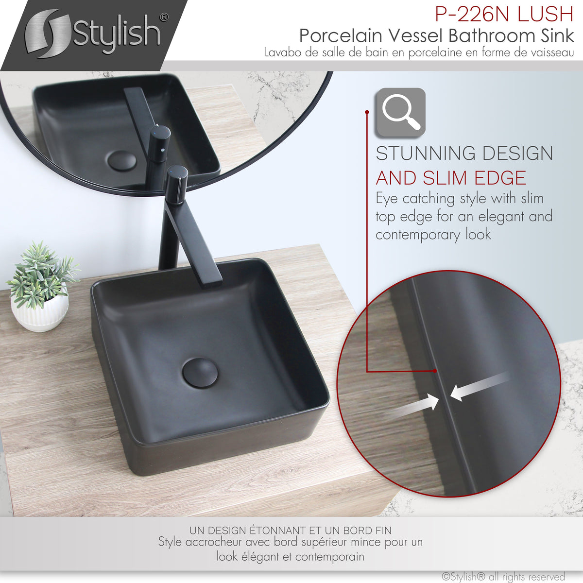 Stylish 14" Black Square Ceramic Vessel Bathroom Sink P-226N