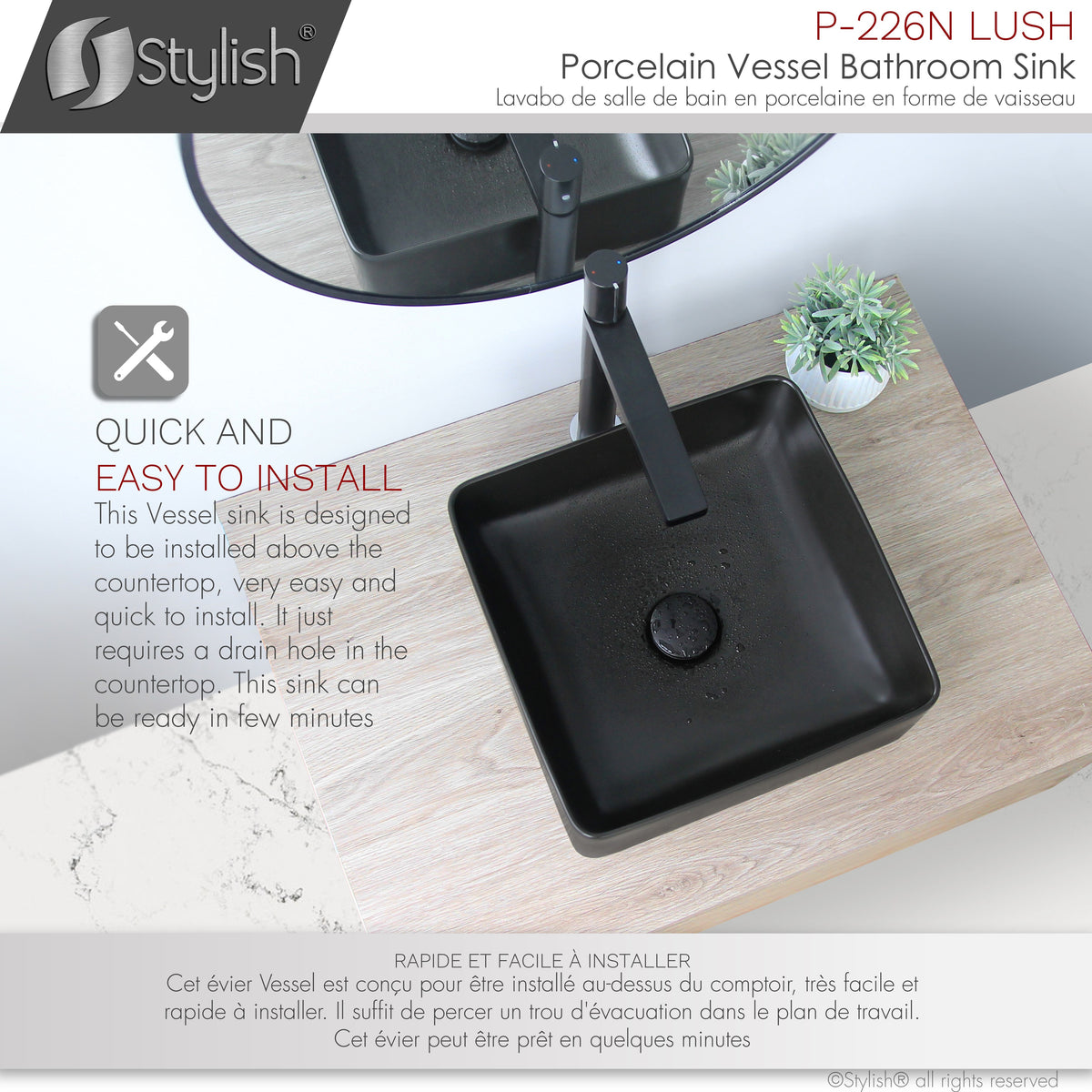 Stylish 14" Black Square Ceramic Vessel Bathroom Sink P-226N
