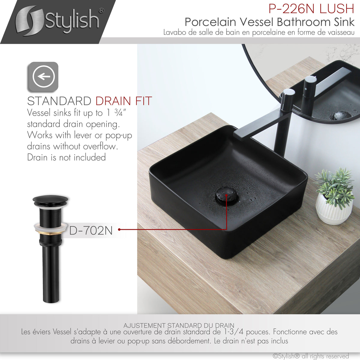 Stylish 14" Black Square Ceramic Vessel Bathroom Sink P-226N