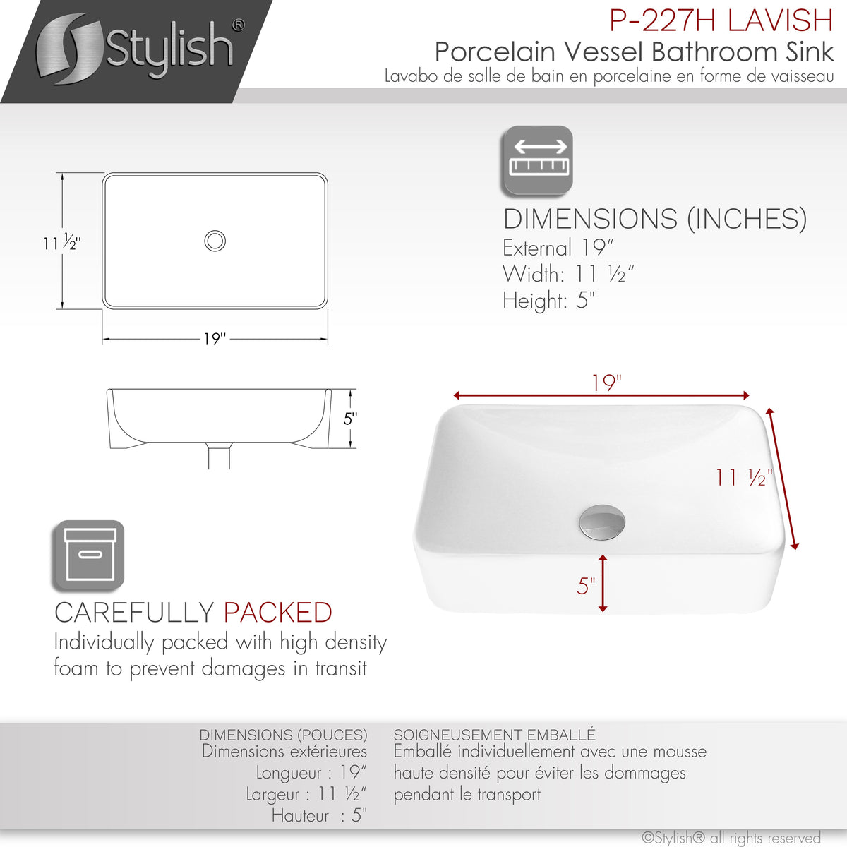 Stylish 19" White Rectangular Ceramic Vessel Bathroom Sink P-227H